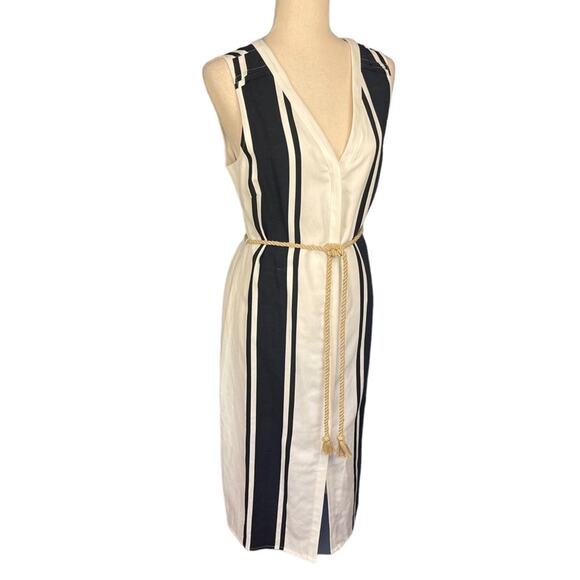 Ecru Black White Bold Stripe Button Front Sleeveless Dress Rope Belt Large NWT - Picture 3 of 8